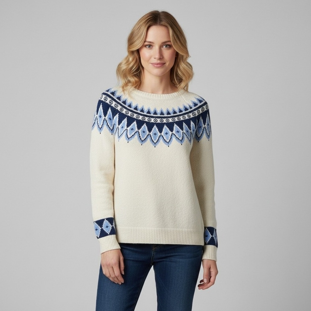 Blair Womens Fair Isle Knit Chenille Sweater Blue White Pullover Large Soft Cozy